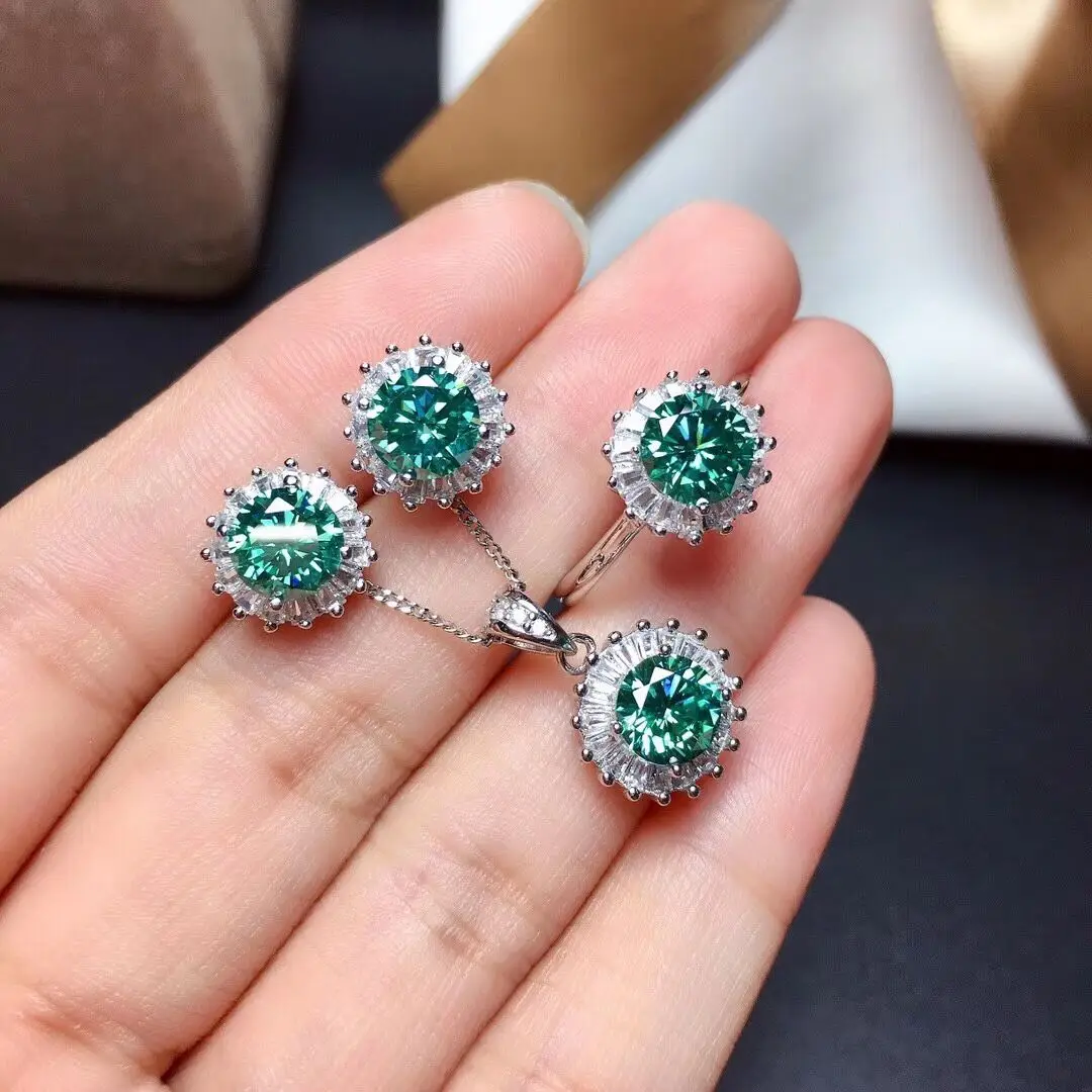 

Серьги и кольцо из серебра 925 пробы с синим и зеленым бриллиантом Mosan, комплект с кулоном 1.0ctD VVS1, модный тренд в стиле хип-хоп с четкостью уровня