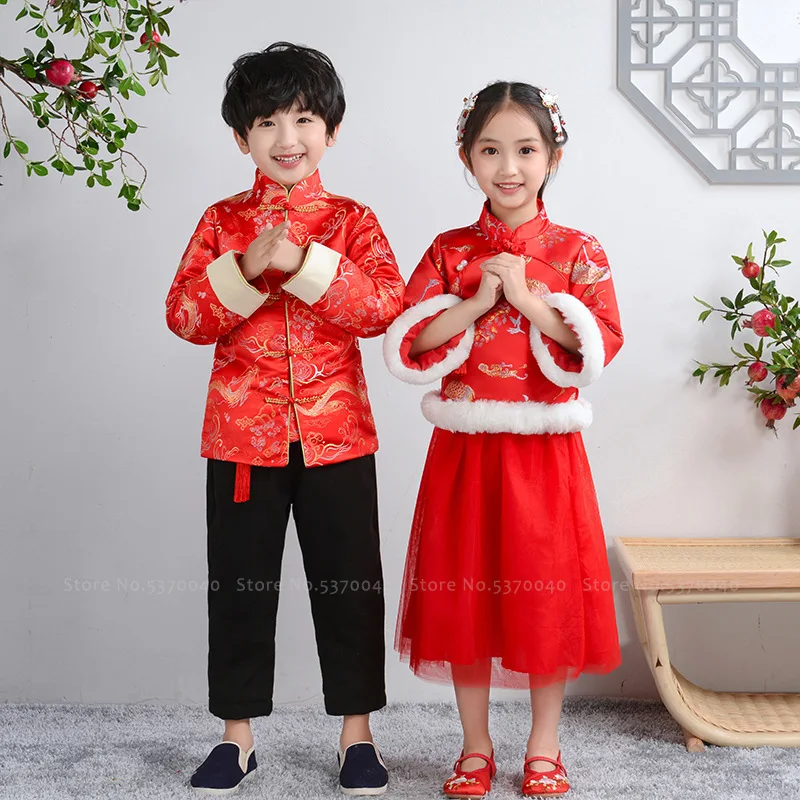 Зимний костюм для мальчиков с вышивкой дракона Тан платье девочек праздничные
