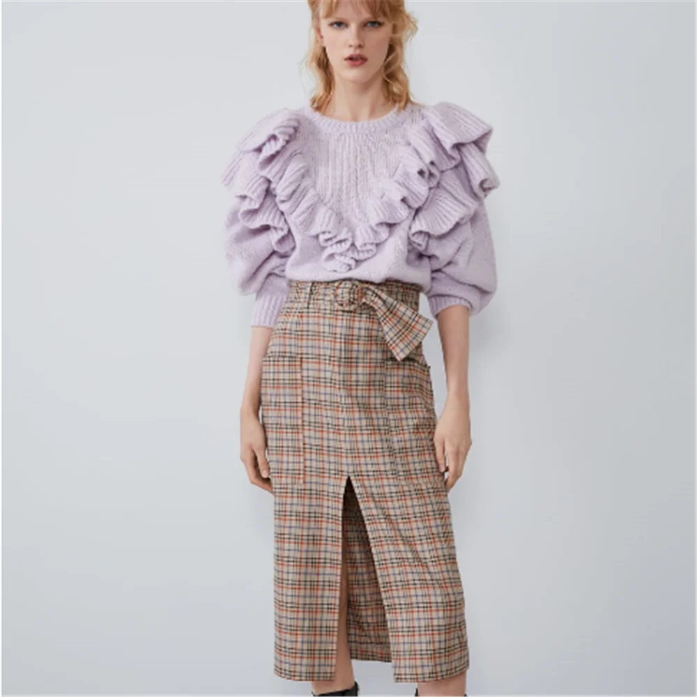 2020 ZA Весенняя Новая женская юбка модная с поясом клетчатая Бохо Женская