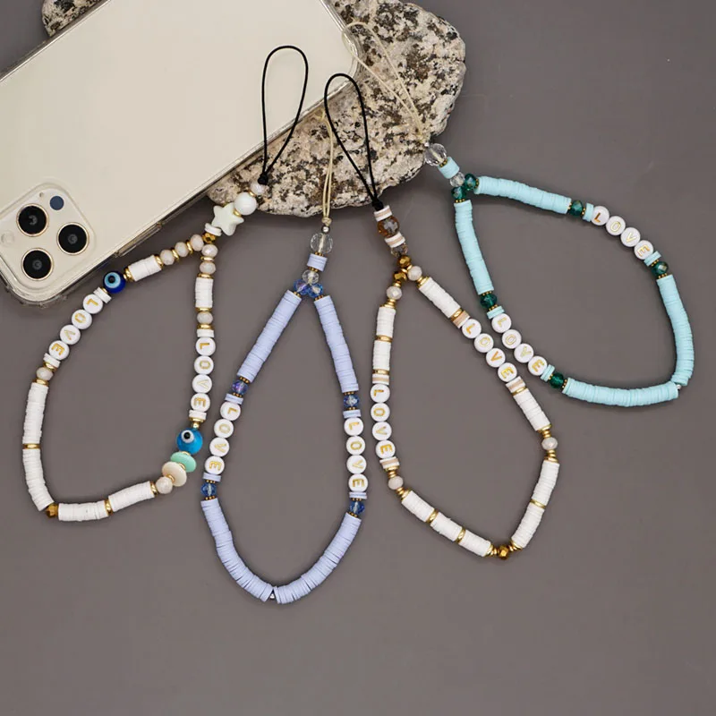 

Geometric Letter Phone Chain Purple Blue Bohemia Country Style Fashion Liuli Eye Beads Anti-lost Mobile Women Girls