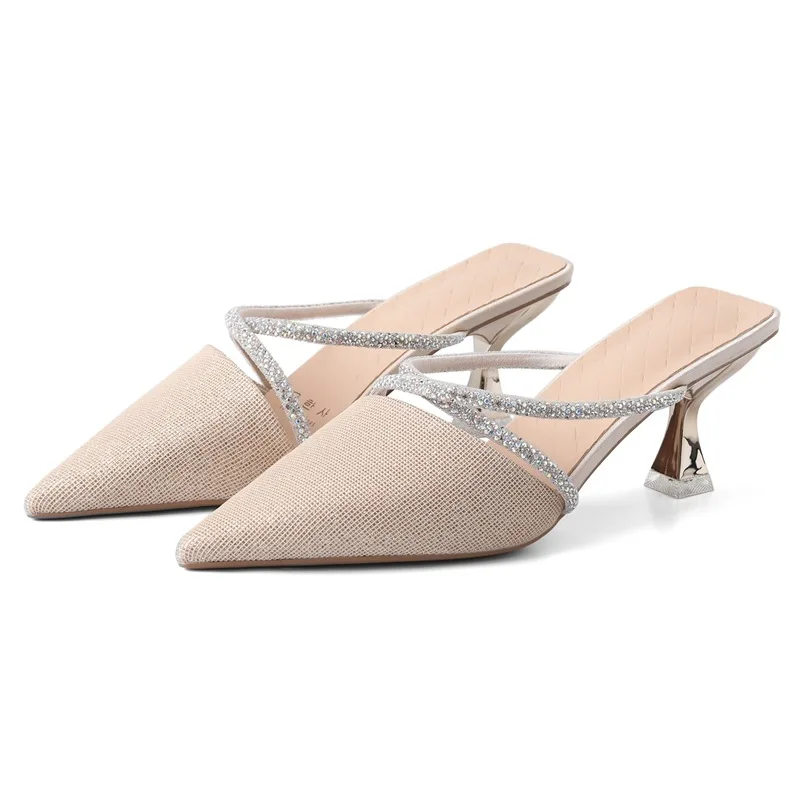

Fretwork Heels Cover Toe Shoes Slippers Women Summer Slides Low Pantofle Heeled Mules Pointed Thin 2021 High Basic Rome PU Pumps