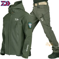 2021 daiwa winter outdoor soft shell fishing suits warm trousers tactical sport windproof waterproof jackets men hood coatpant