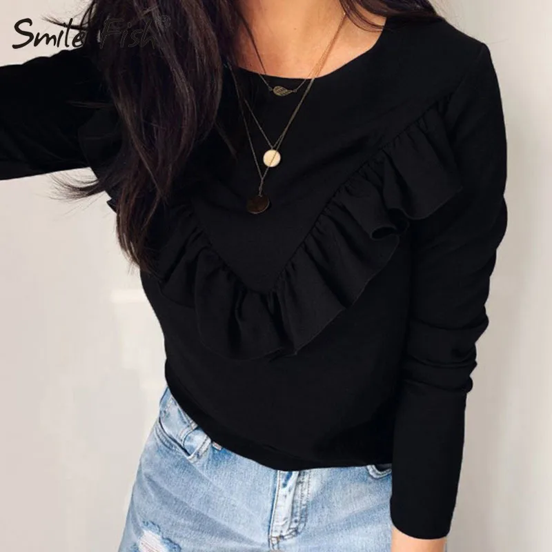 Женская блуза с длинным рукавом круглым вырезом и оборками|Футболки| |