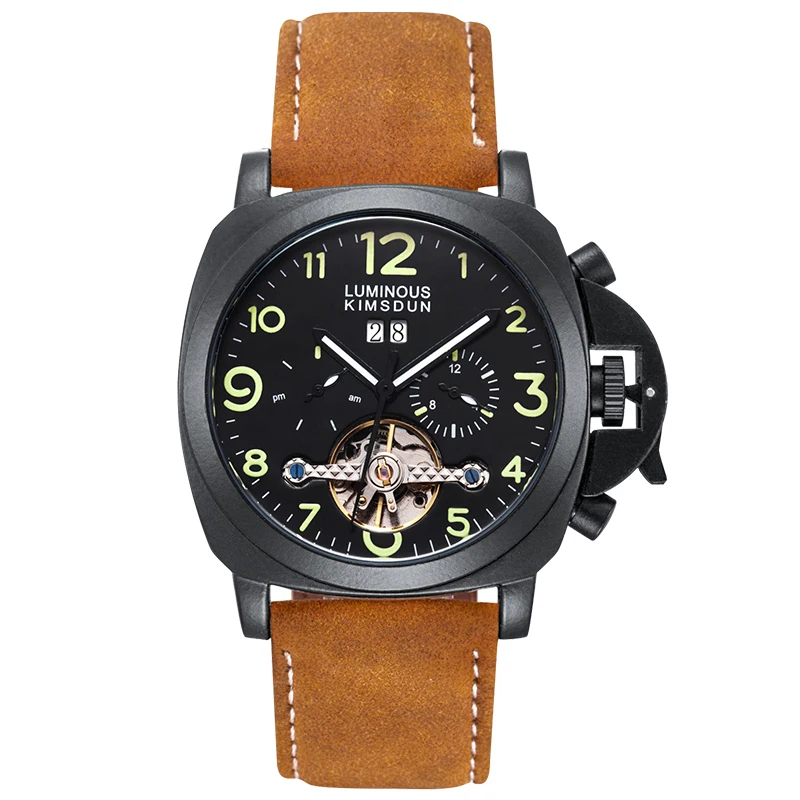 Mens Retro Watches Automatic Mechanical Watch Tourbillon Clock Genuine Leather Waterproof Wristwatch Top Brand montre homm | Наручные