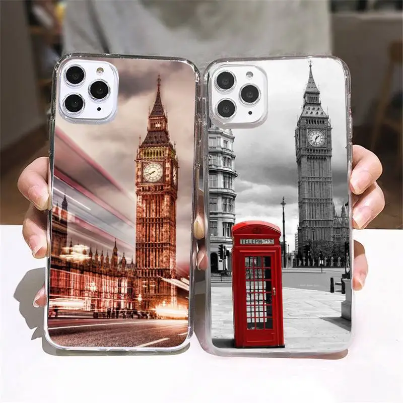 Телефонный чехол с лондонским автобусом и английской тематикой прозрачный