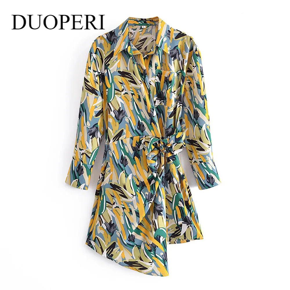 

DUOPERI Fashion Printed Dress with Gathered Detail Women Lapel V-neck Long Cuff Sleeves Chic Lady Short Dresses Female Robe