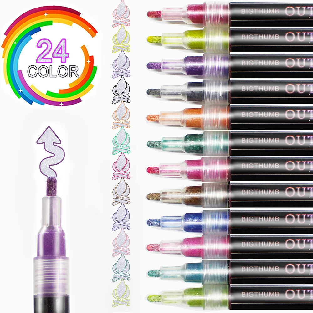 

24 Pcs/set Outline Paint Marker Pen Double Line Pen Diy Album Scrapbooking Metal Marker Glitter for Drawing Painting Doodling