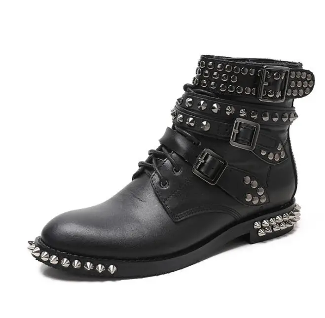 

Moraima Snc Winter Ankle Boots Black Leather Round Toe Lace-up Shoes Rivets Studded Riding boots Motorcycle Boots Black