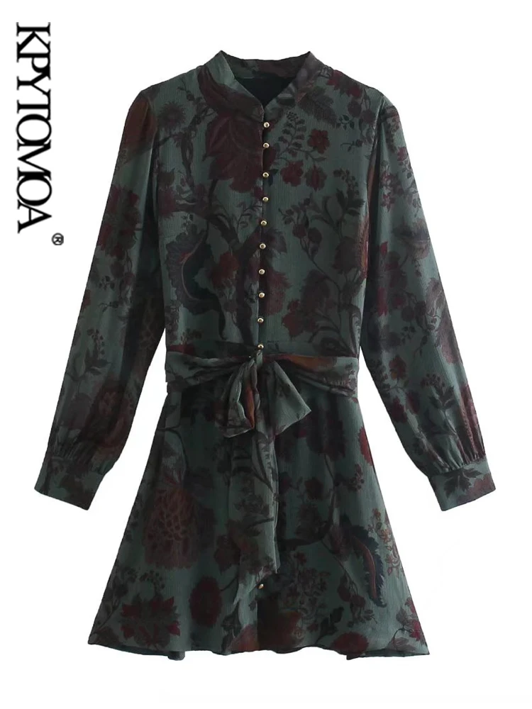 

KPYTOMOA Women Chic Fashion With Belt Floral Print Mini Dress Vintage Long Sleeve Front Buttons Female Dresses Vestidos Mujer
