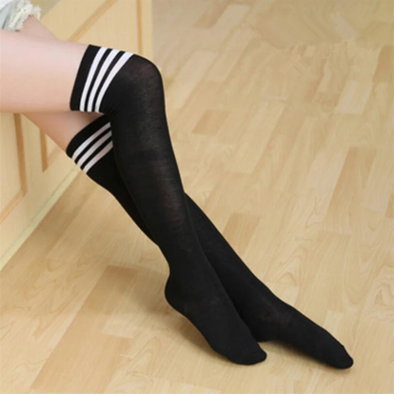 

1 Double Cotton Ladies Knee High 3 Line Striped Cotton Socks Knee High Women Solid Socks School Party Cheerleader Supplies