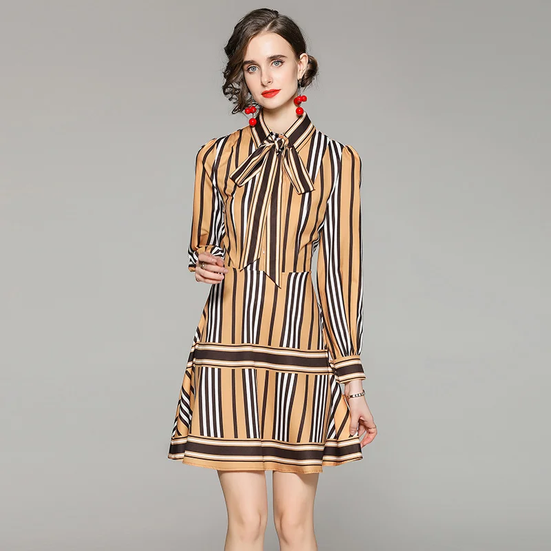 

Женские осенние платья-трапеции до колен с бантом, офисные женские Платья вечерние, элегантные винтажные платья с длинным рукавом, новинка ...