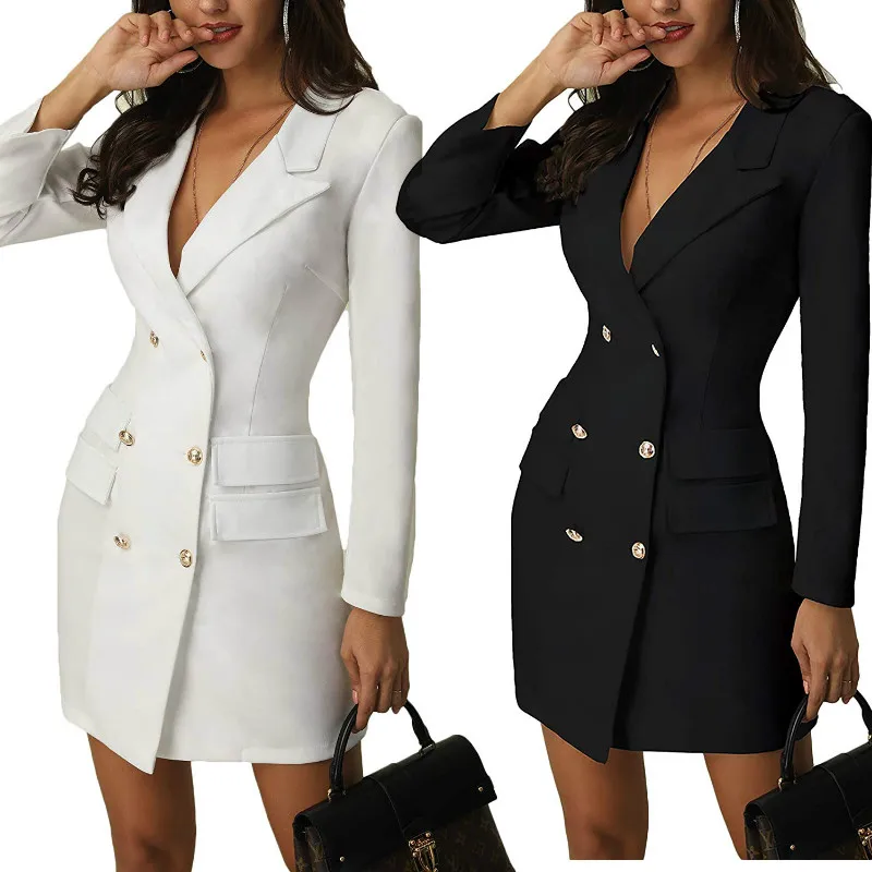 Elegant Mini Dress Women Autumn Long Sleeve Double Breasted Button Solid Slim Office Lady Business Female Clothes Oversize | Женская