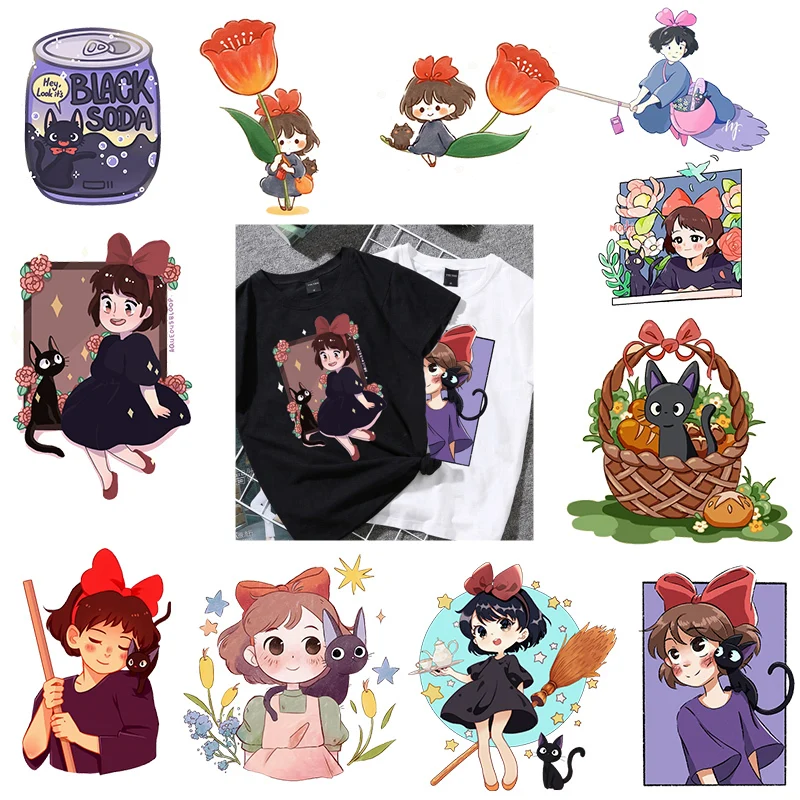 

Japan Anime Black Cat Magic Girl Patches For Clothing DIY Heat Transfer Iron On Transfer Thermal Stickers For Womens Clothes