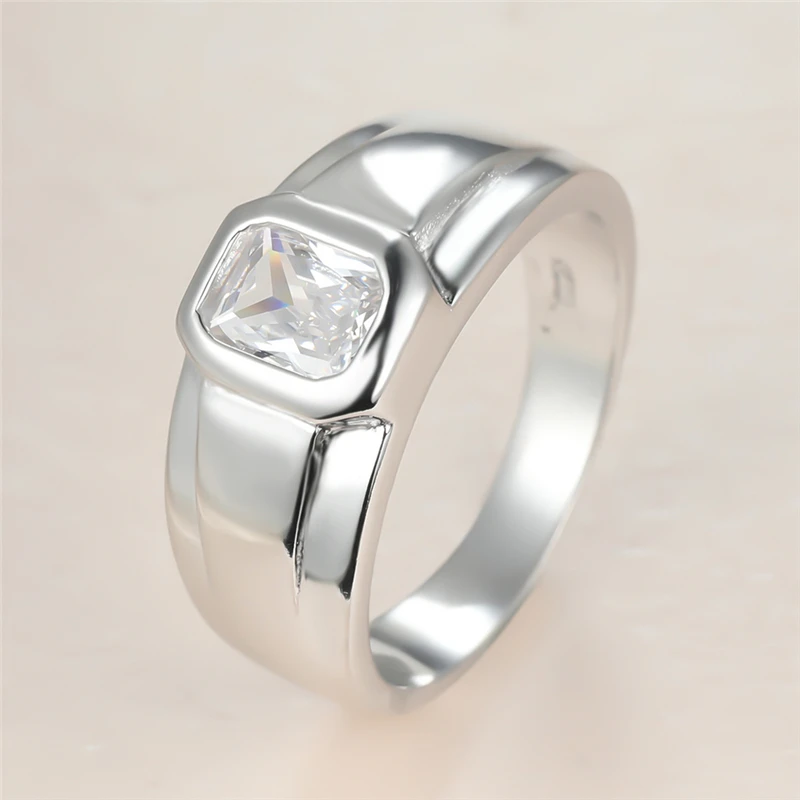 

Luxury Male Female White Crystal Ring Charm Silver Color Big Wedding Rings For Women Men Dainty Square Zircon Engagement Ring