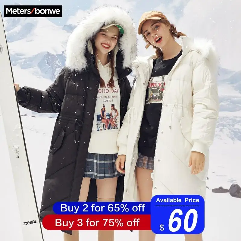 Metersbonwe, длинный теплый пуховик для женщин, зимний, портативный, теплый, 80%, белый, утиный пух, зимний, меховой воротник, с капюшоном, женский пуховик