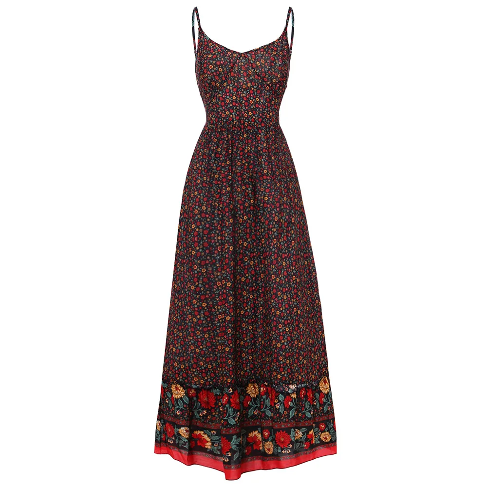 

Fashion Boho Sleeveless Long Dress Floral Print V-Neck High Waist Dress Holiday Beach Vacation Wear