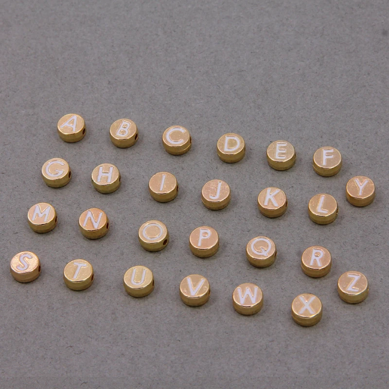 

10pcs Flat Round 4X8MM Gold Color Letter Beads Metal alloy enamel Alphabet Spacer Beads For Necklace Bracelet DIY Jewelry Making