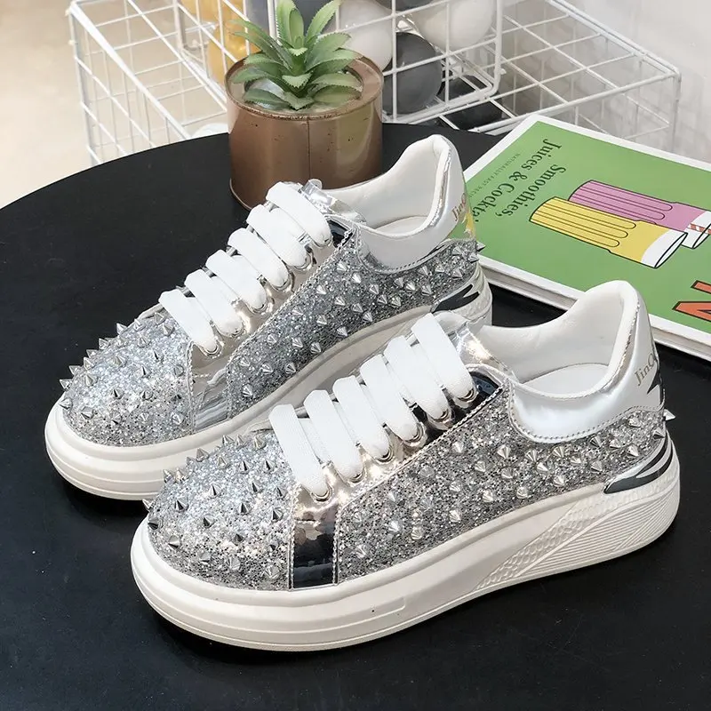 

Metal Rivet Casual Shoes Women Europe and America 2021 New Thick-soled Tide Brand Full Diamond Platform Shoes Shoes for Women