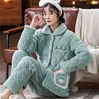 winter women pajamas set coral velve three layer thicken flannel 2 piecessets pyjamas long sleeve homewear home clothing