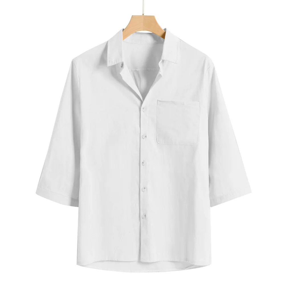 Мужская рубашка с отложным воротником и коротким рукавом однотонные свободные