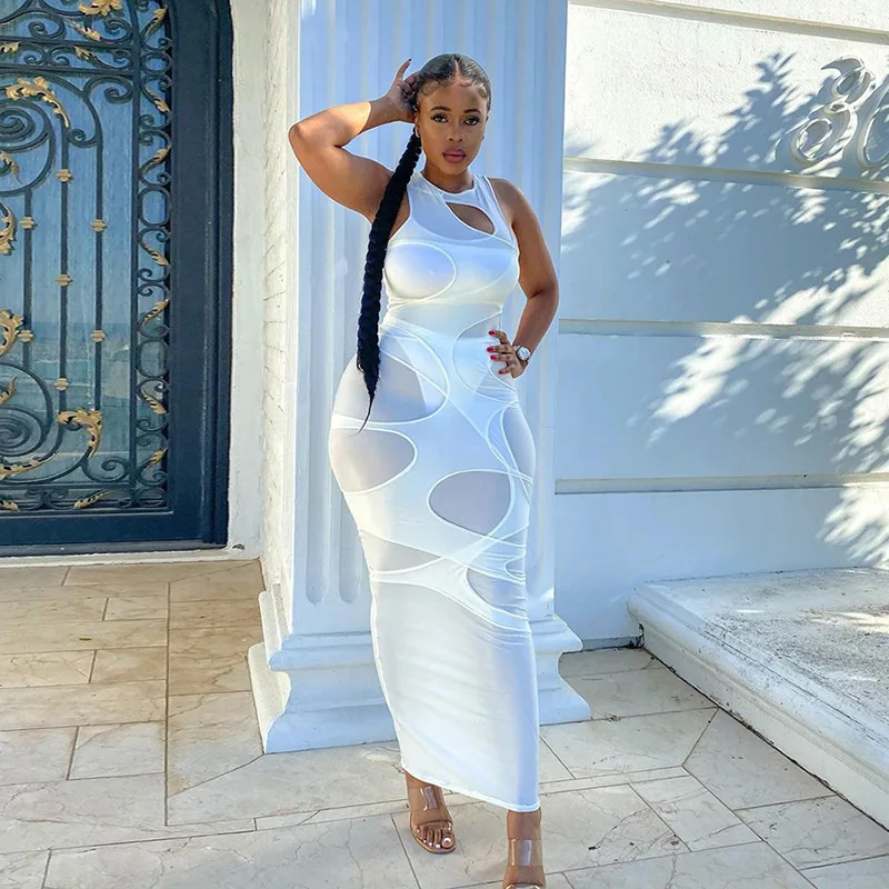 

Fashion New Sexy Long Slim Woman Dress Package Hip Hollow Out Ankle-Length O-Neck Dresses for Women Donsignet