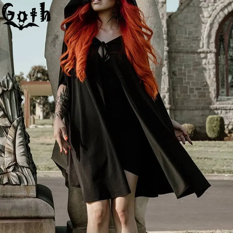 Gothic Black Cloak Women Hooded Cape Coat Lace Up Summer 2020 Shawl Party Casual Streetwear Female Capes |