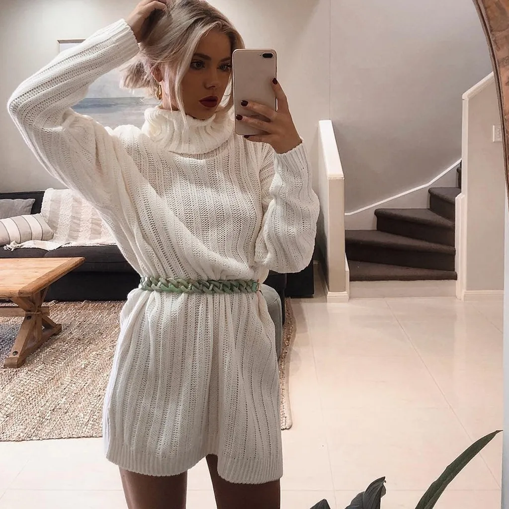 Женское вязаное платье с круглым вырезом повседневное однотонное