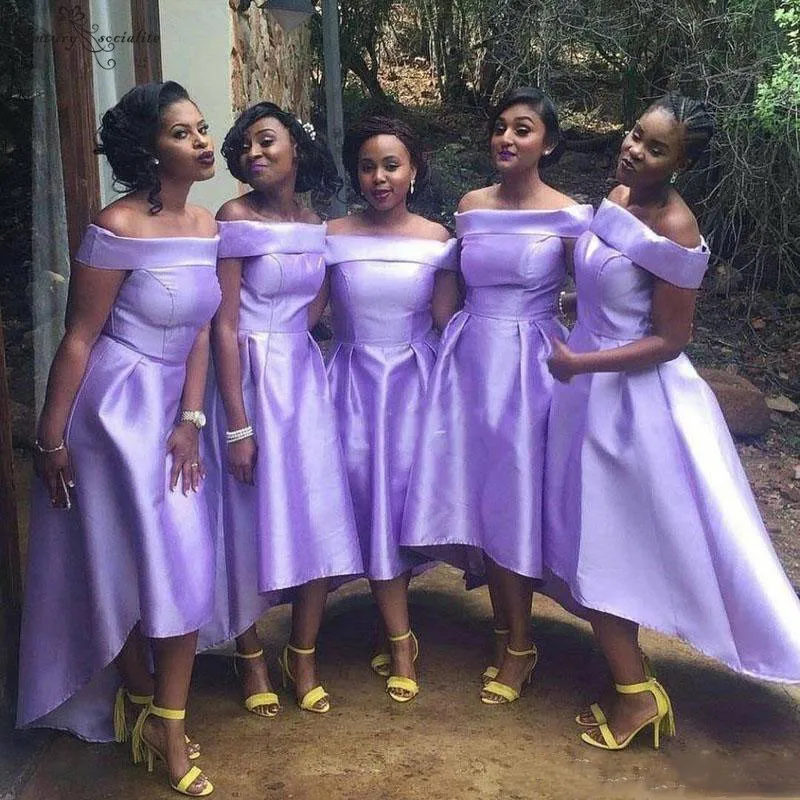

Lavender African Bridesmaid Dresses 2020 Hi-Lo Off Shoulder Lace Up Back Satin Simple Wedding Guest Gowns Maid of Honor Dress