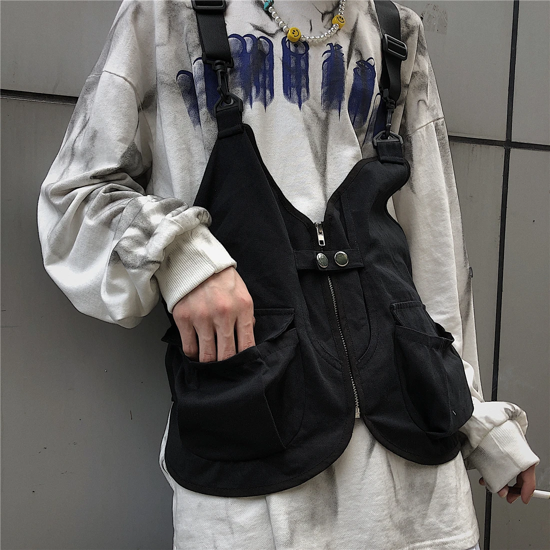 Новая нагрудная сумка мужская функциональная жилетка корейский Harajuku уличный стиль Большая вместительная сумка через плечо для женщин Черная Хлопковая сумка-мессенджер