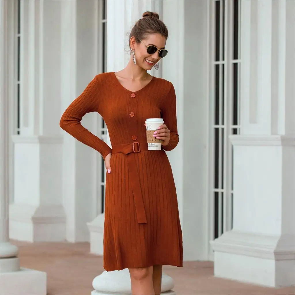 Женское трикотажное платье Foridol коричневое свитер на пуговицах с v образным