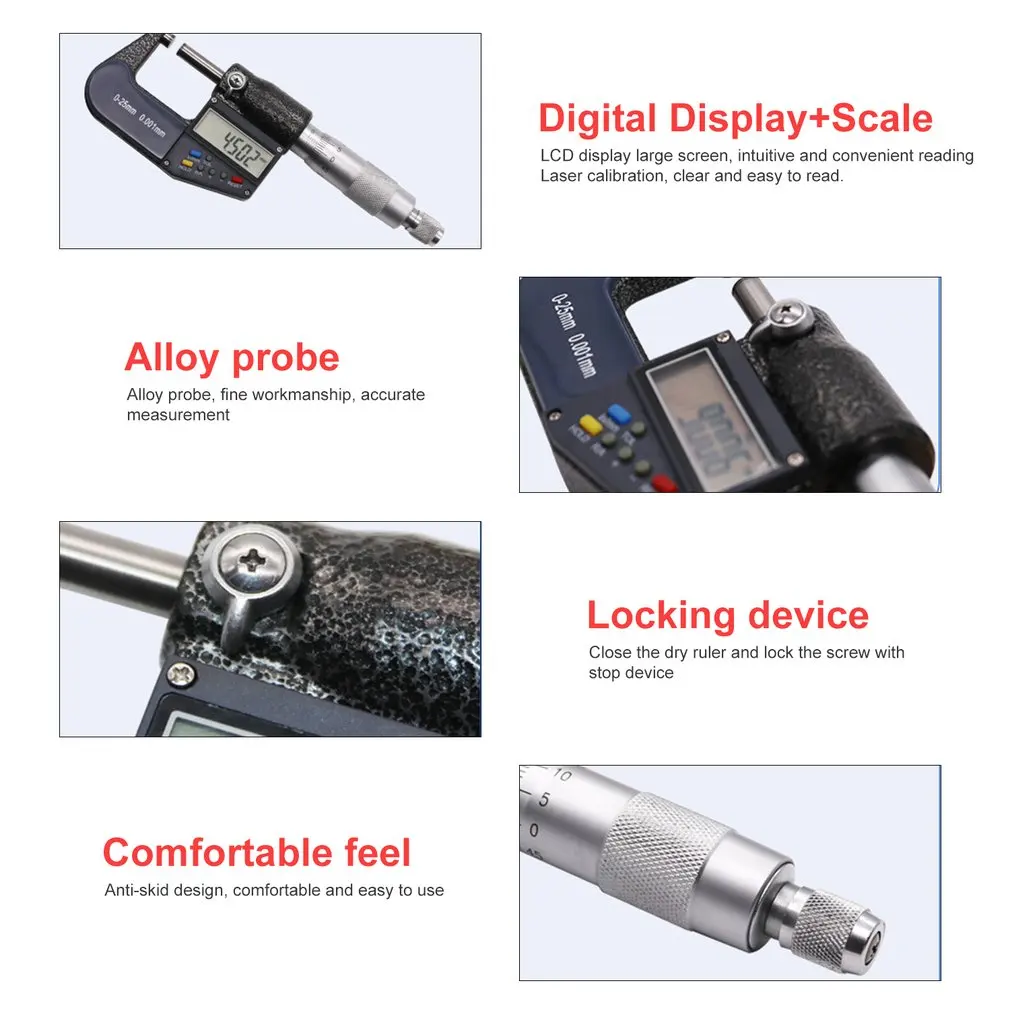 

LCD Digital Outside Micrometer 0-25mm/0.001mm Electronic Gauge Vernier Caliper Meter 7 keys Carbide Tip Measuring Tools Sale