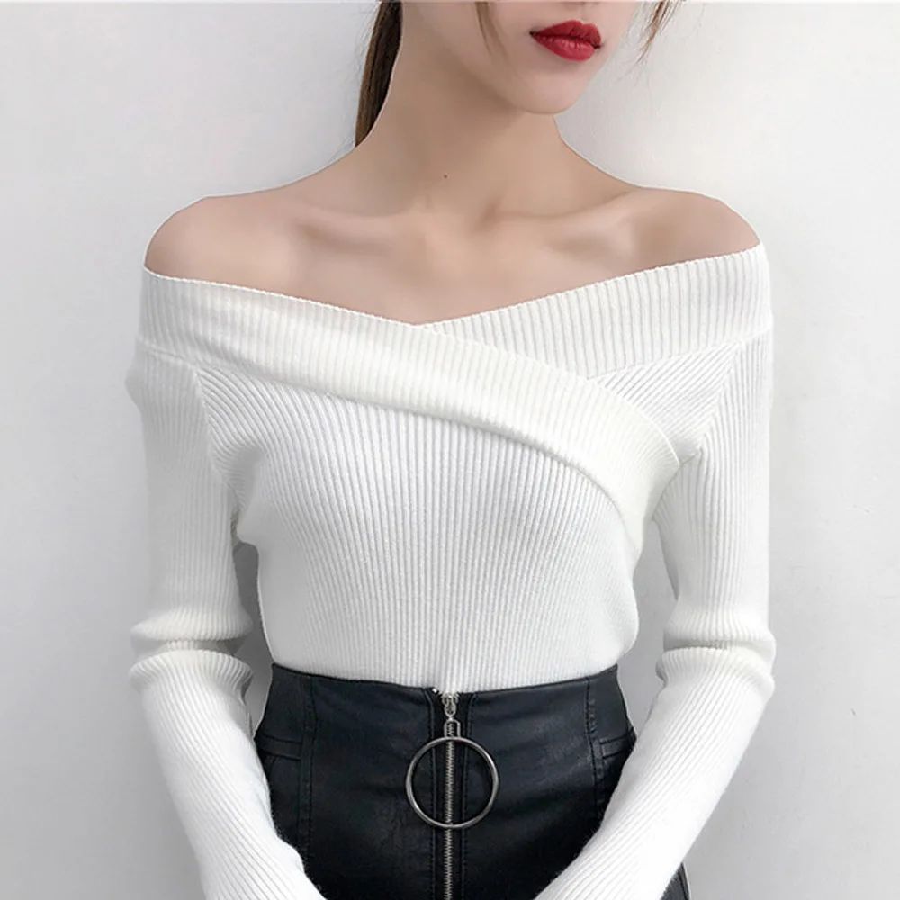 

V necktie sweater women feel shoulder long sleeve underclothes on clothes Women Pullovers Solid V-neck Knit Cashmere Sweater