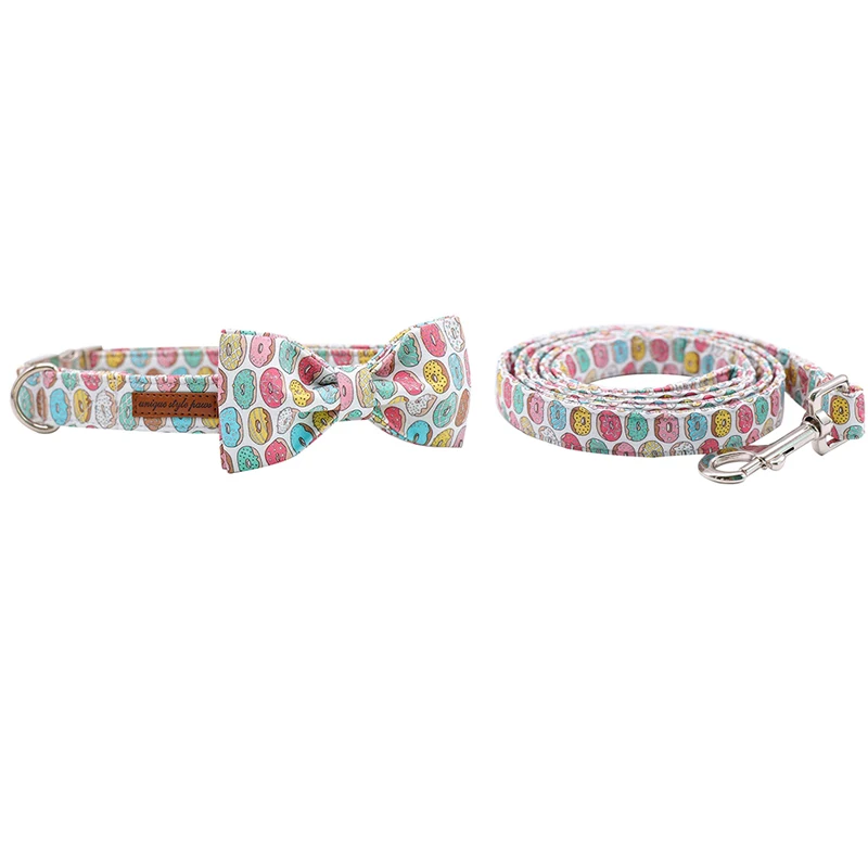 

Donuts Cotton Fabric Dog Collar and Leash Set with Bow Tie for Big and Small Dog Metal Buckle Pet Accessories