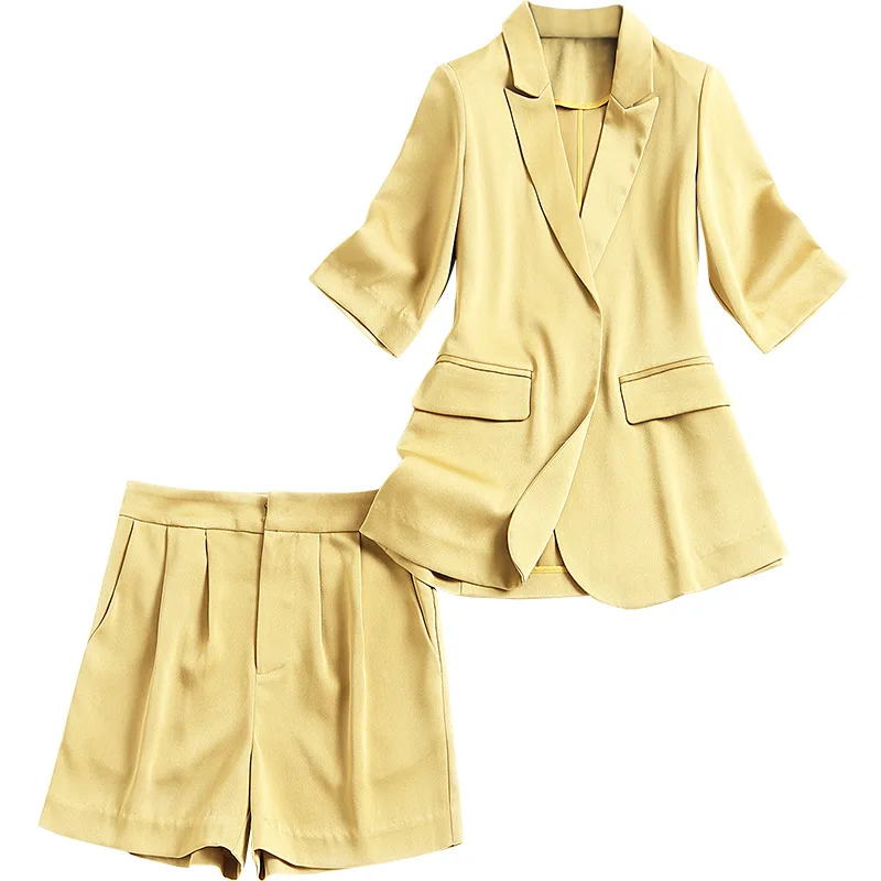 

SHUCHAN Office Lady 2 Piece Set Summer Blazer with 3/4 Sleeve+shorts Yellow Whit Suit Women 2021 Clothes for Women Matching Sets