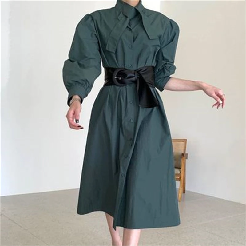 

Элегантное Длинное Платье-рубашка, новинка, женское осеннее однобортное платье средней длины с французским воротником, широкими плечами и ...