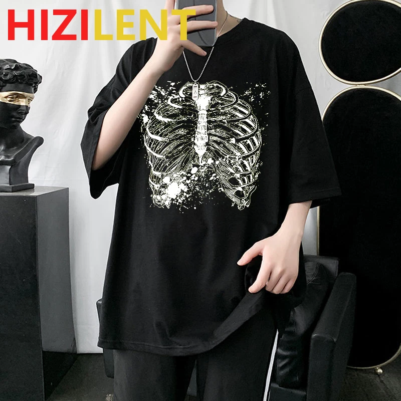 

90s Summer japanese Style Korean short sleeve t-shirt men dark high street fire Harajuku oversize top Bone print couple clothes