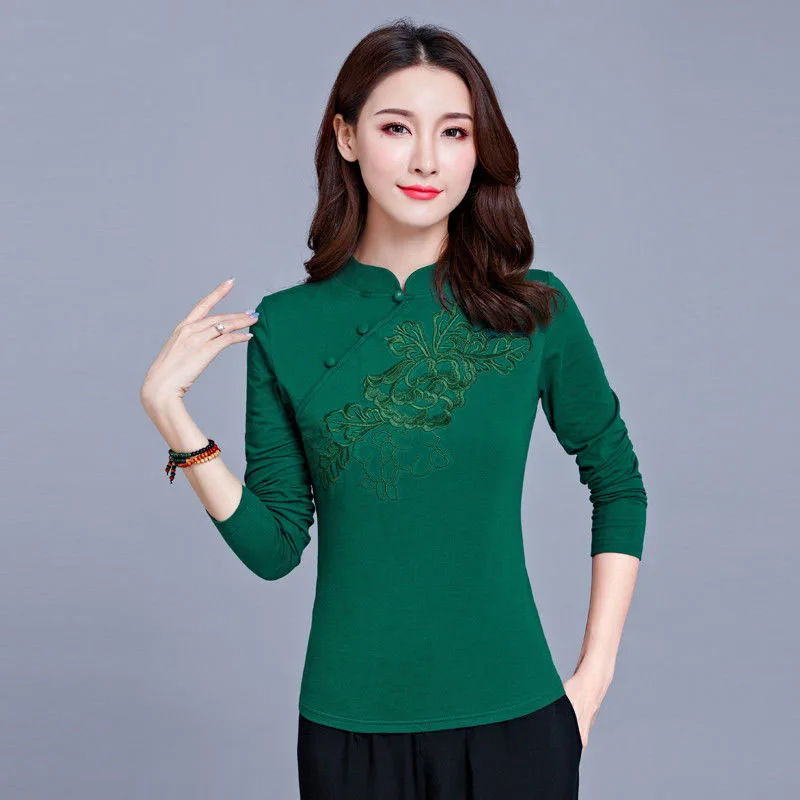 

Cheongsam Women's Plus Size Tops 2021 Autumn Cotton Blend Embroidery Stand Collar Long Sleeves Chinese Qipao Retro Shirts Woman