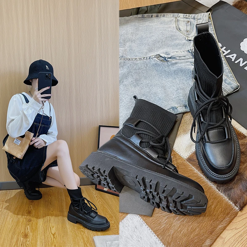 

Женские ботинки из эластичной ткани, черные короткие ботинки на платформе и массивном каблуке, с круглым носком, Осень-зима 2021