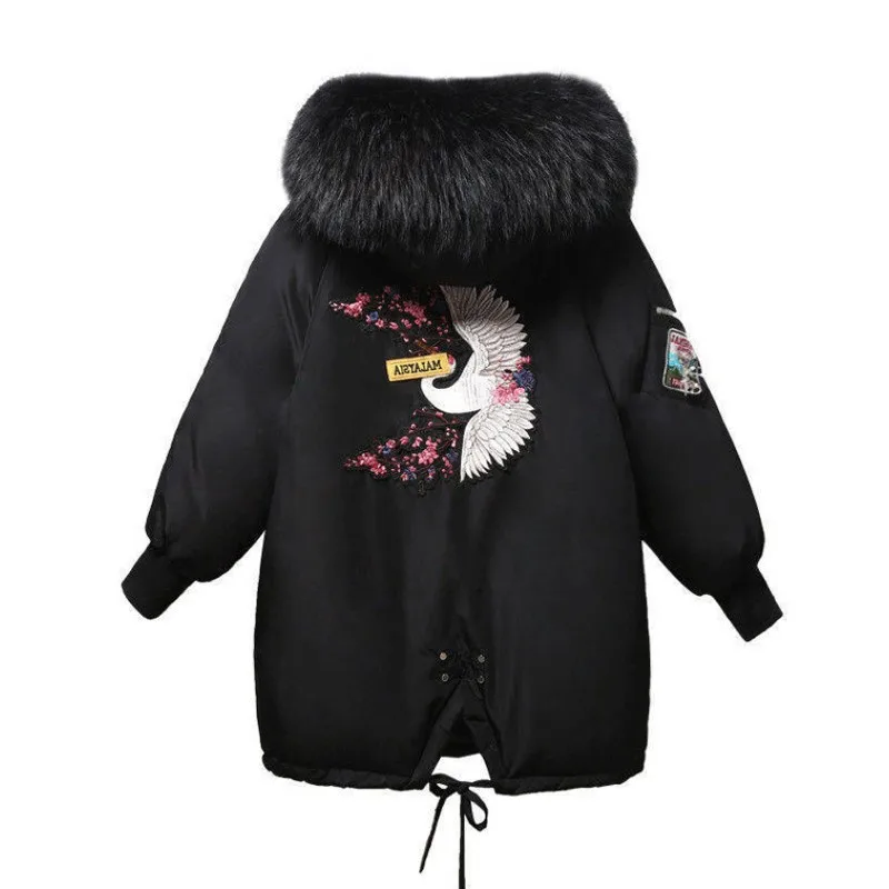 

Winter Parkas Women New Embroidery Hooded Fur Collar Loose Long Coat Mujer Thick Warm Casual Overcoat Fashion Black Jacket
