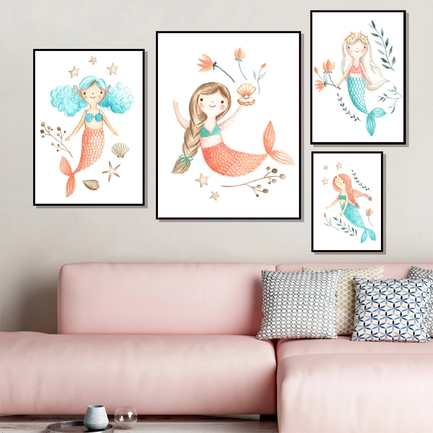 Милая Русалка девушка цветок жемчуг настенная Картина на холсте скандинавские