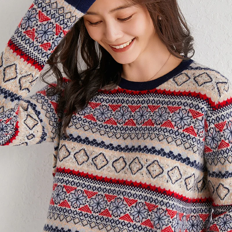 Новый жаккардовый толстый свитер из чистой шерсти Женский пуловер с круглым
