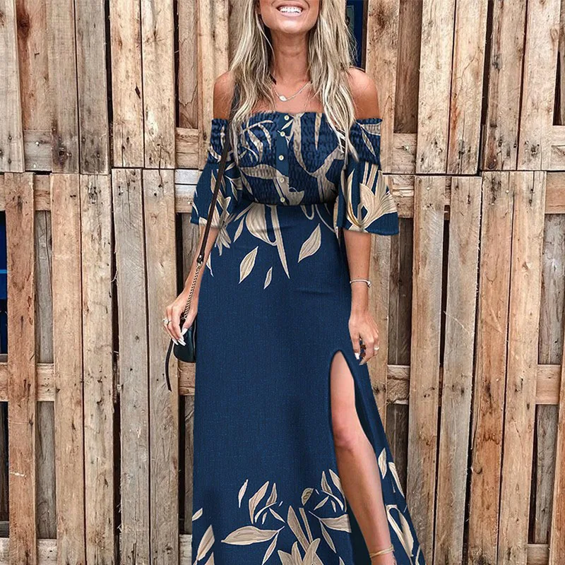 

2021 Women Chic Half Sleeve Beach Boho Dress Sexy Slash Neck Split Summer Long Dress Retro Pattern Print Party Dresses Vestidos