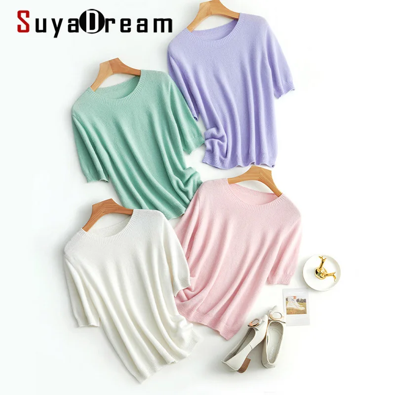SuyaDream женские свитера из 100% шерсти с круглым вырезом и короткими рукавами