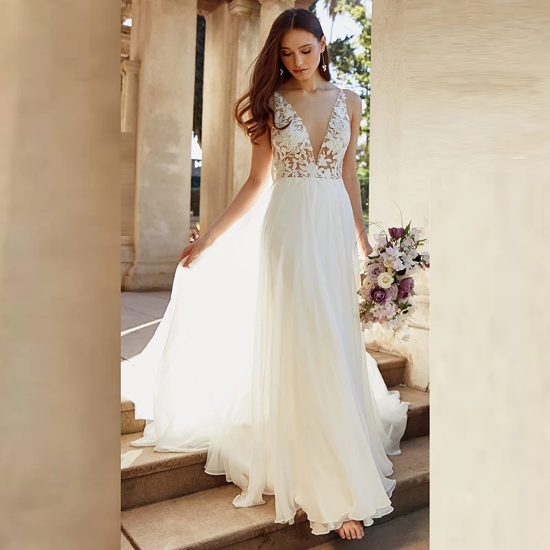 

Summer On Sale Chiffon Backless Bridal Wedding Gowns Sleeveless Lace V Neckline Wedding Dresses for Bride Sweep Train Affordable