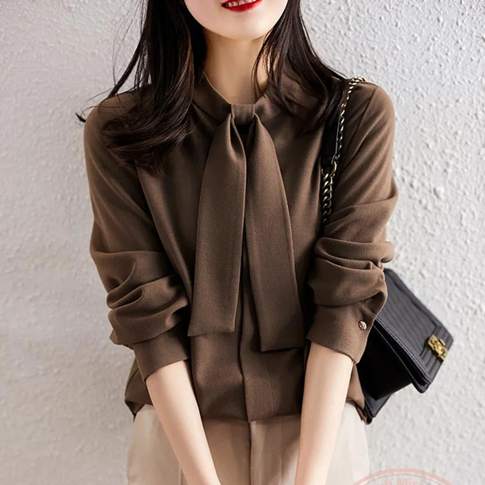 

2021 AW [Soft Touch Feeling] Button Plain Ladies Fashion Simple Autumn Blouse OL Commuting Clothes Thin And Long-sleeved Shirt