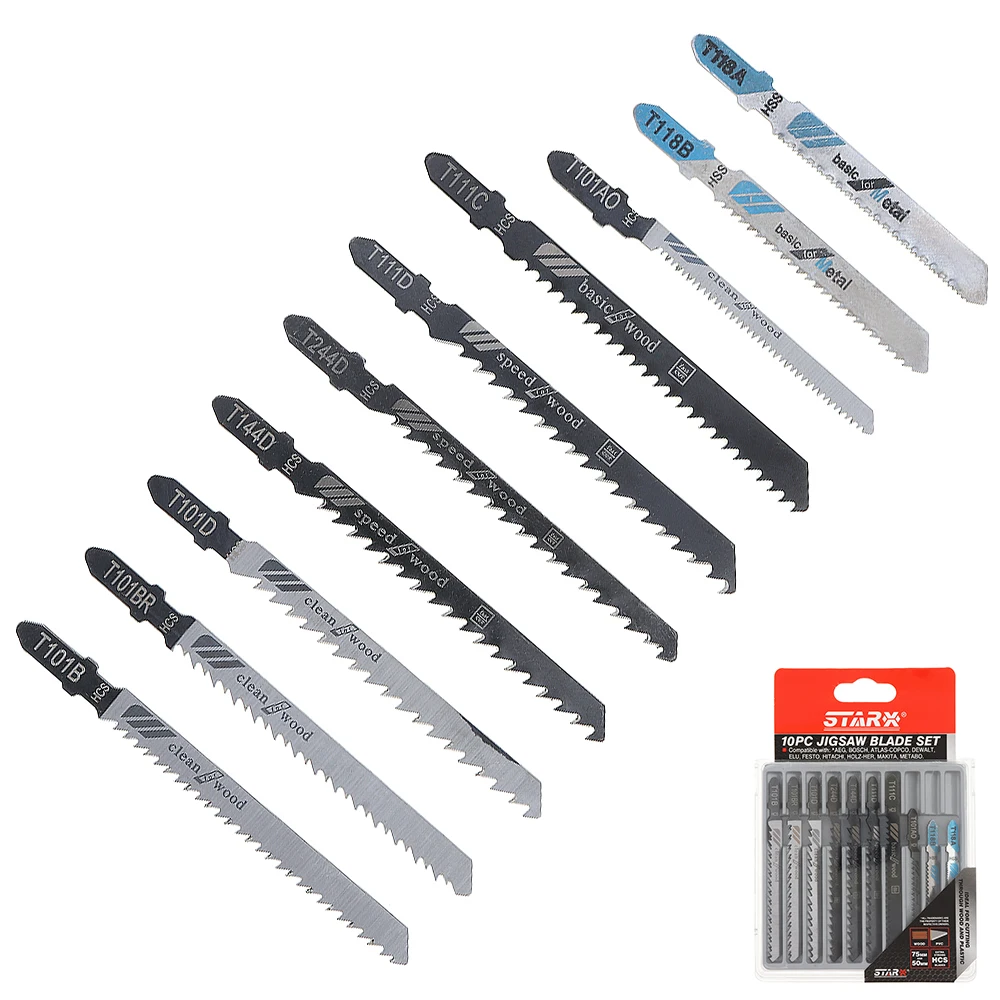 10pcs/set HSS & HCS Combination Reciprocating Saw Blades Straight Cutting Jig Saw for hard and soft Woodworking / Plastic PVC
