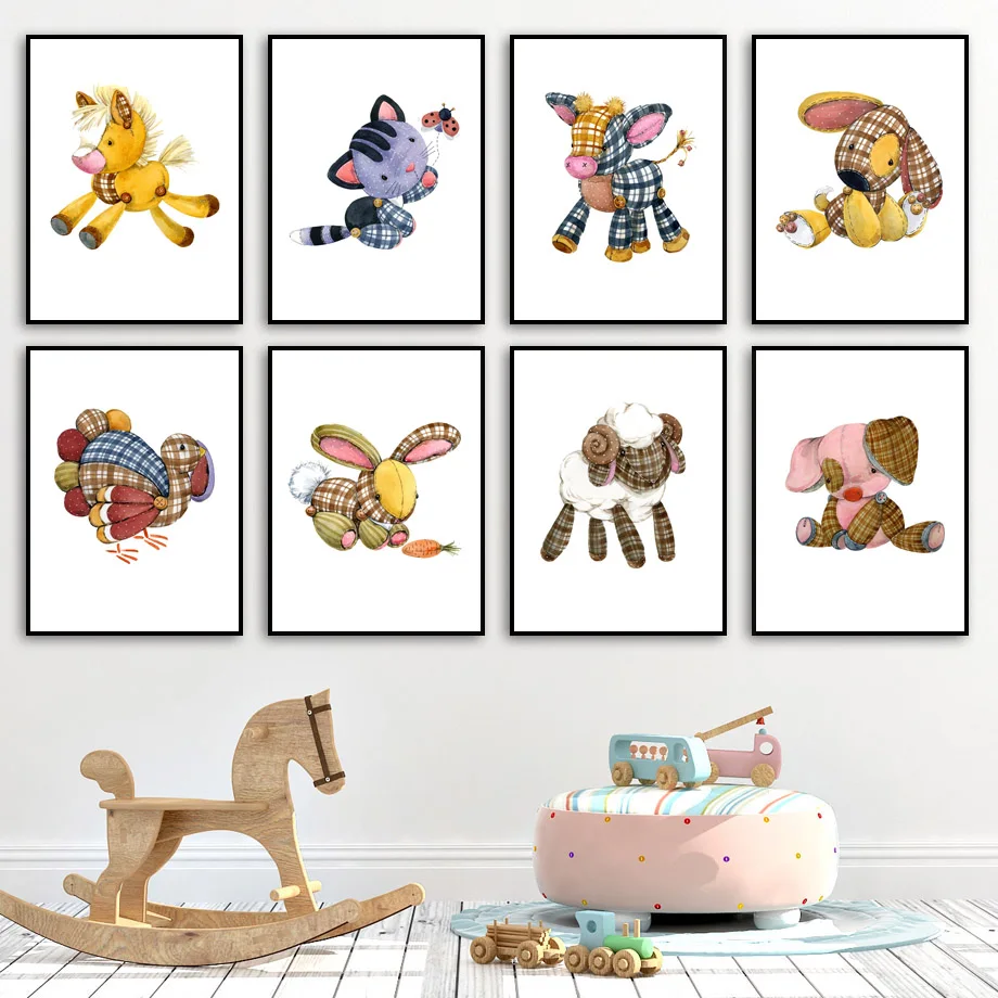 

Animal Doll Cow Horse Rabbit Sheep Dog Cat Wall Art Print Canvas Painting Nordic Poster Girl Wall Pictures Baby Kids Room Decor