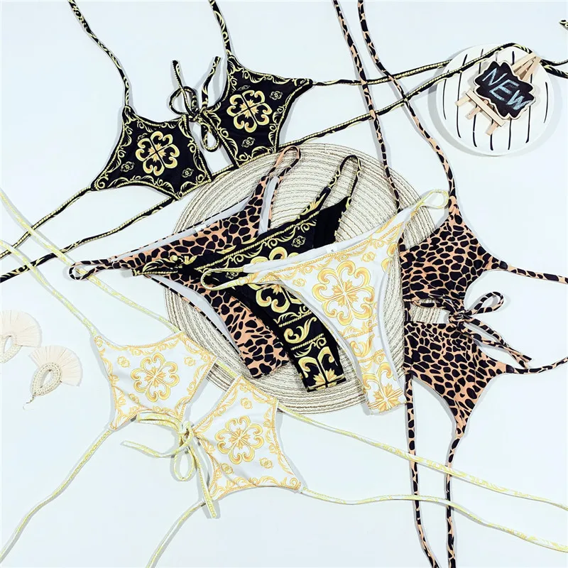 

Vintage Print Bikini Pentagonal Leopard Swimsuit for Women Srting Sexy Hollow Out Low Waist Swimwear
