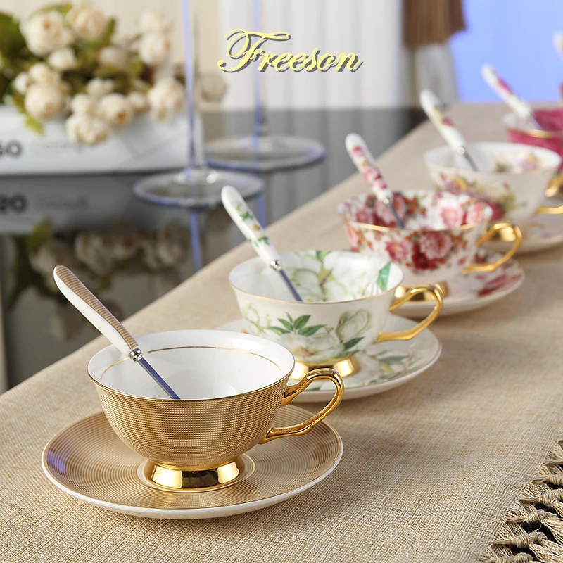 

Europe Noble Bone China Coffee Cup Saucer Spoon Set 200ml Luxury Ceramic Mug Top-grade Porcelain Tea Cup Cafe Party Drinkware