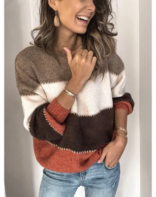 Solid Color Split Joint Knitting Unlined Upper Garment Jacket Leisure Time Hit Round Neck Sweater Woman | Женская одежда